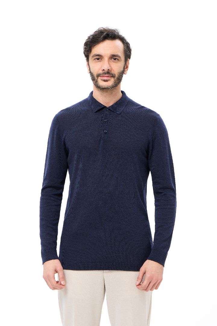 Navy 3-Button Tencel Long Sleeve Polo