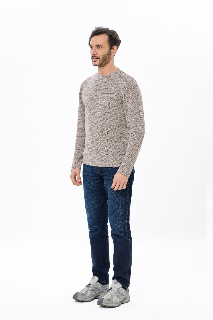 Coffee Henley Jacquard Long Sleeve