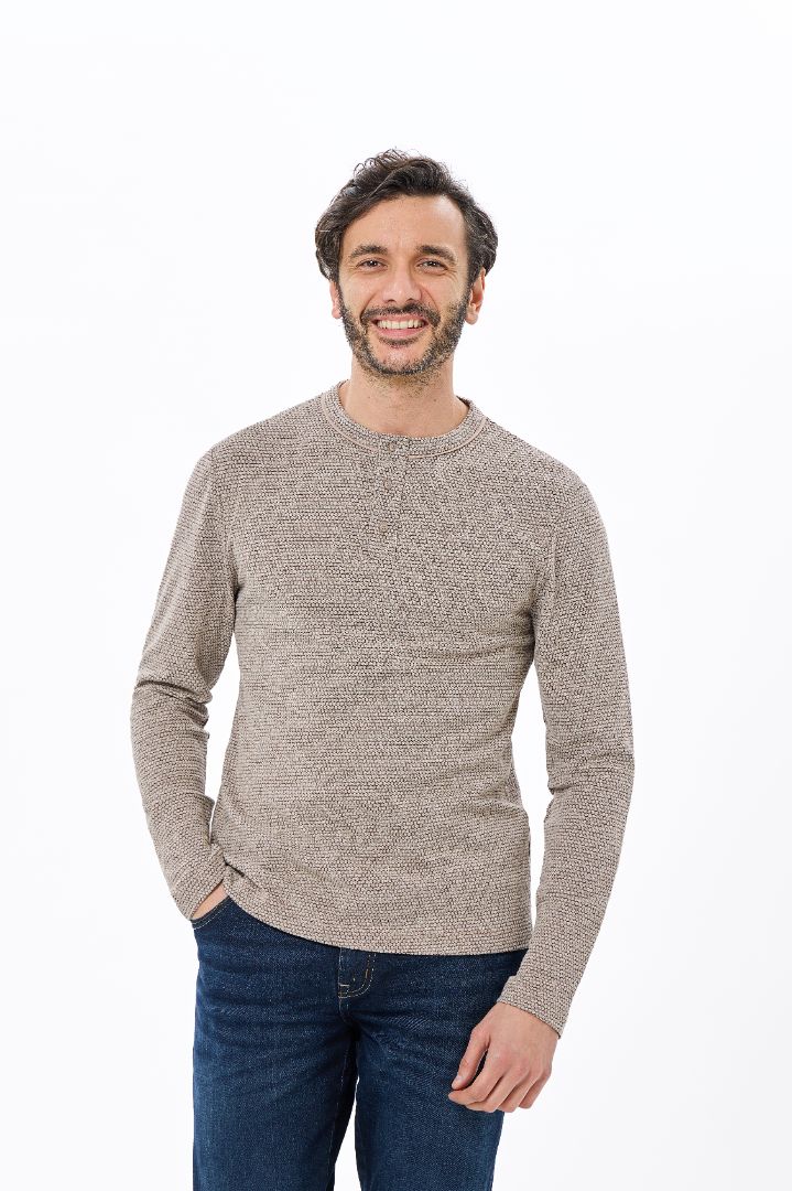 Coffee Henley Jacquard Long Sleeve