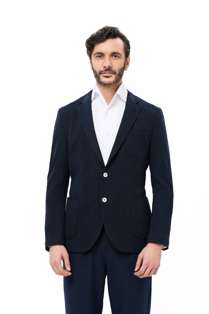 Navy Stripe Jacquard Knit Blazer