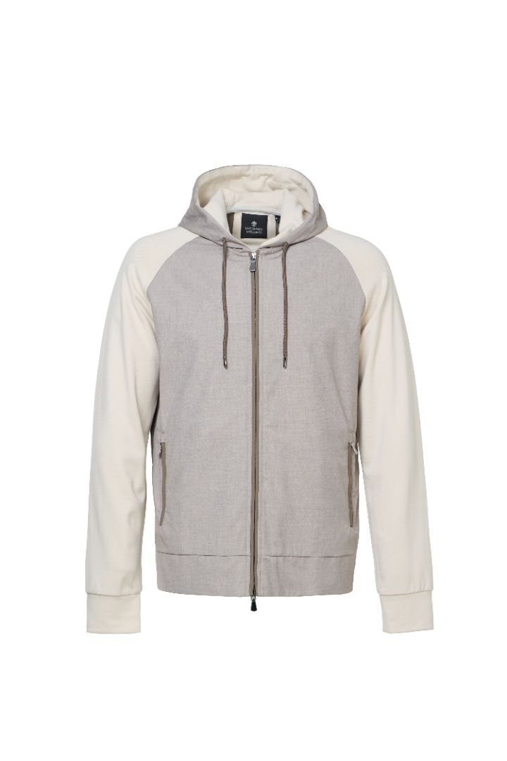 Taupe Full Zip Hoodie with Double Faced Interlock Sleeves