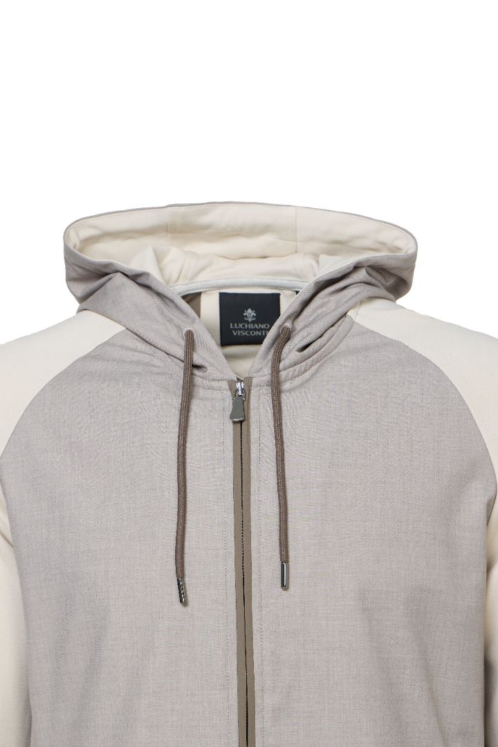 Taupe Full Zip Hoodie with Double Faced Interlock Sleeves