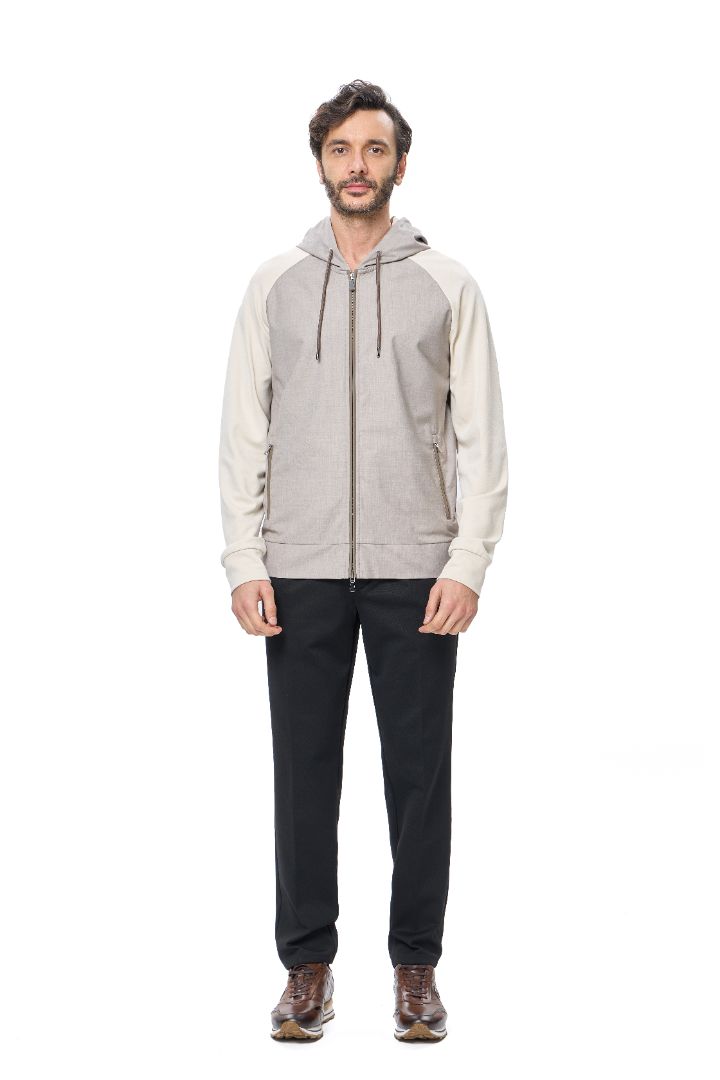 Taupe Full Zip Hoodie with Double Faced Interlock Sleeves