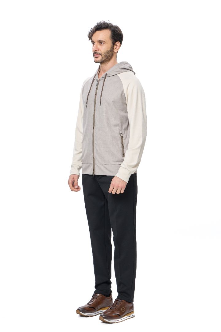 Taupe Full Zip Hoodie with Double Faced Interlock Sleeves