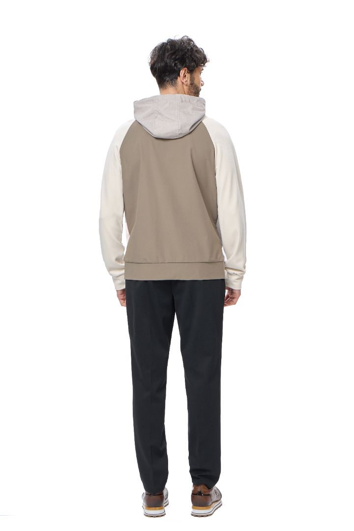 Taupe Full Zip Hoodie with Double Faced Interlock Sleeves