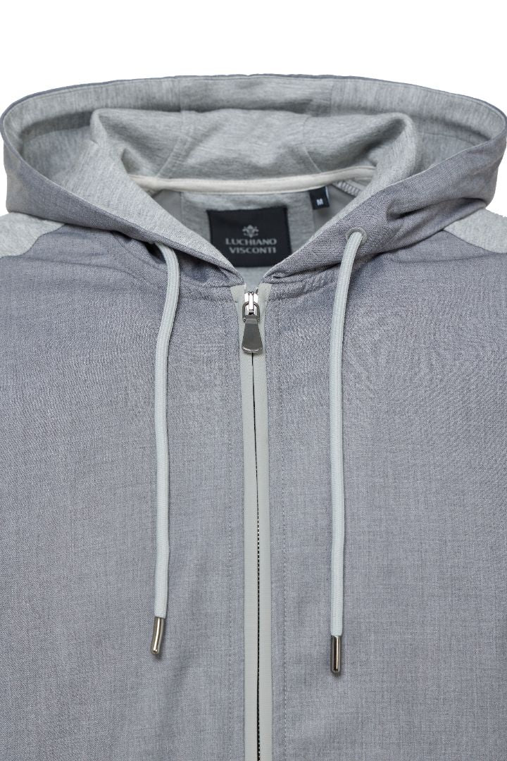 Grey Full Zip Hoodie with Double Faced Interlock Sleeves