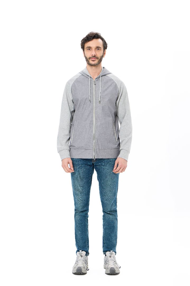 Grey Full Zip Hoodie with Double Faced Interlock Sleeves
