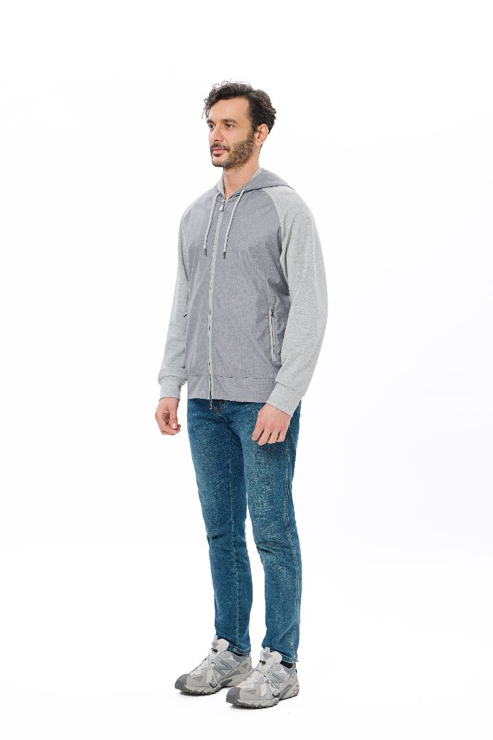 Grey Full Zip Hoodie with Double Faced Interlock Sleeves