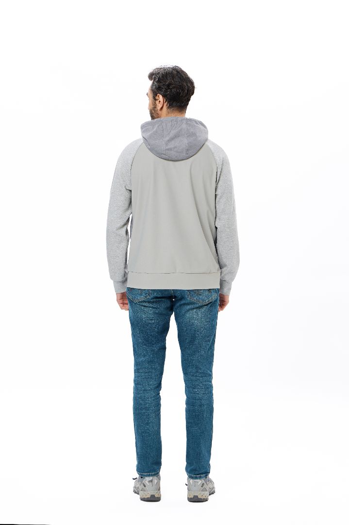 Grey Full Zip Hoodie with Double Faced Interlock Sleeves