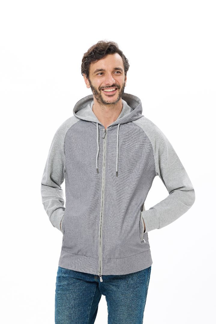 Grey Full Zip Hoodie with Double Faced Interlock Sleeves