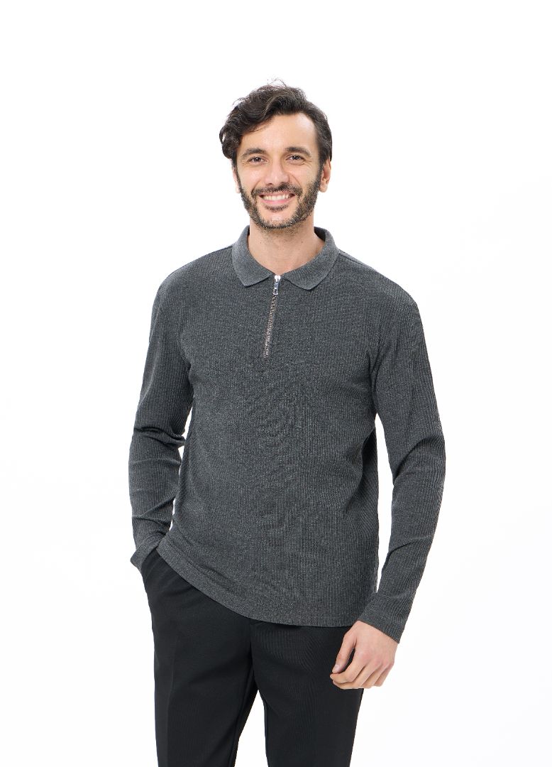 Charcoal Quarter Zip Accordion Polo Shirt