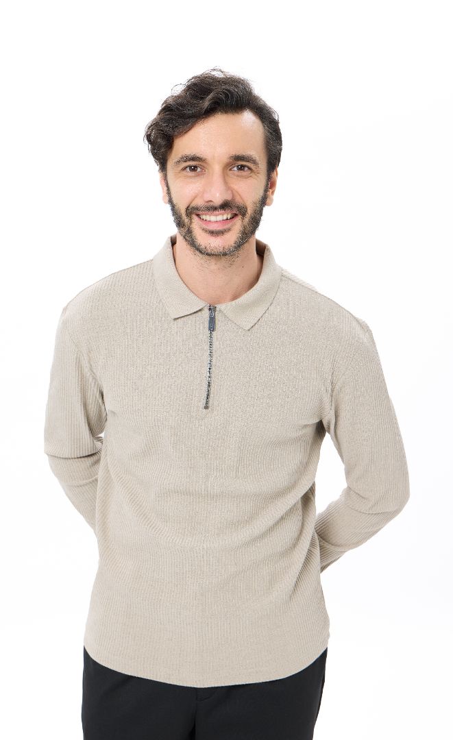 Oatmeal Quarter Zip Accordion Polo Shirt