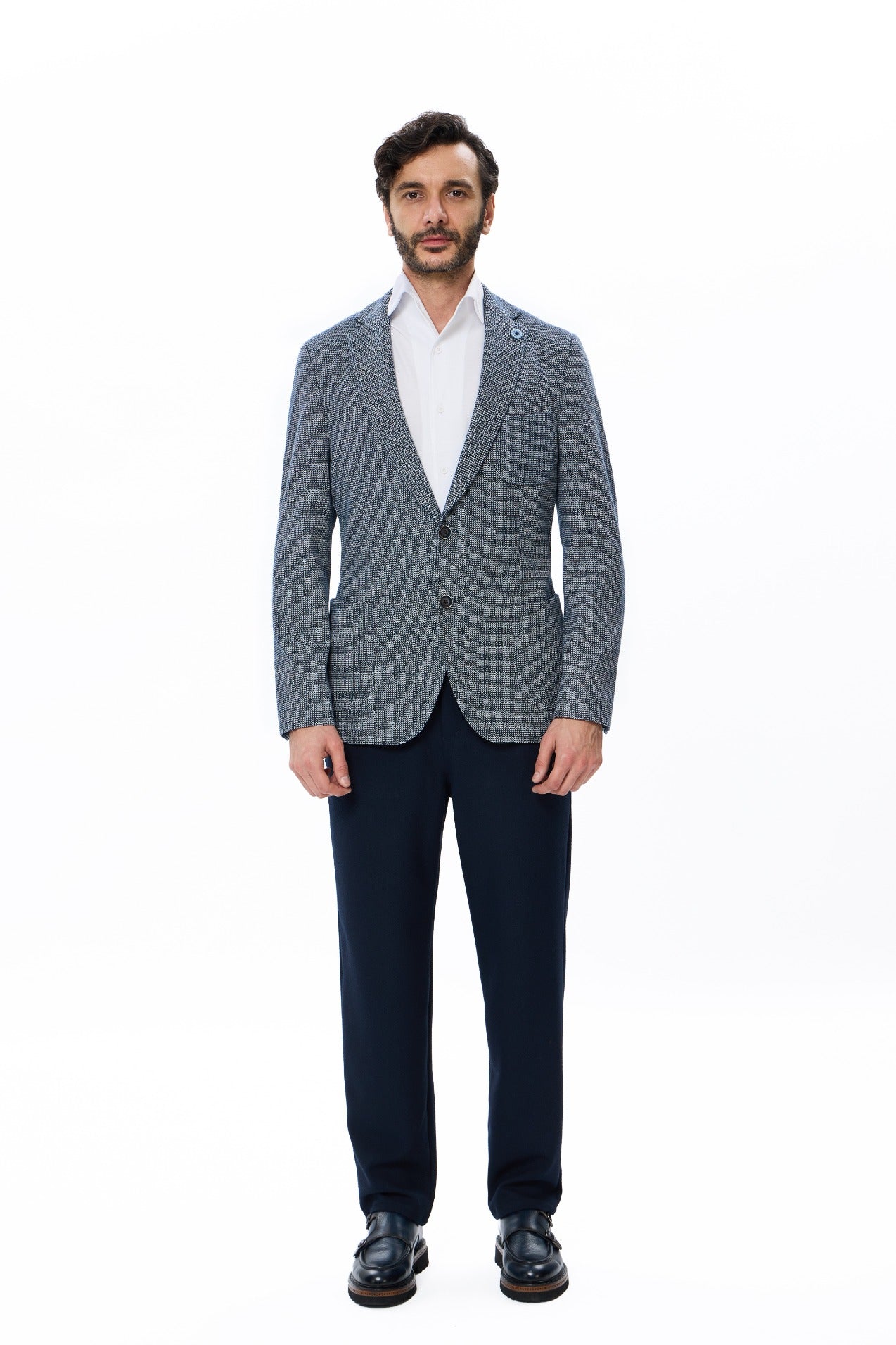 Navy Knit Blazer with Mercerized Finish