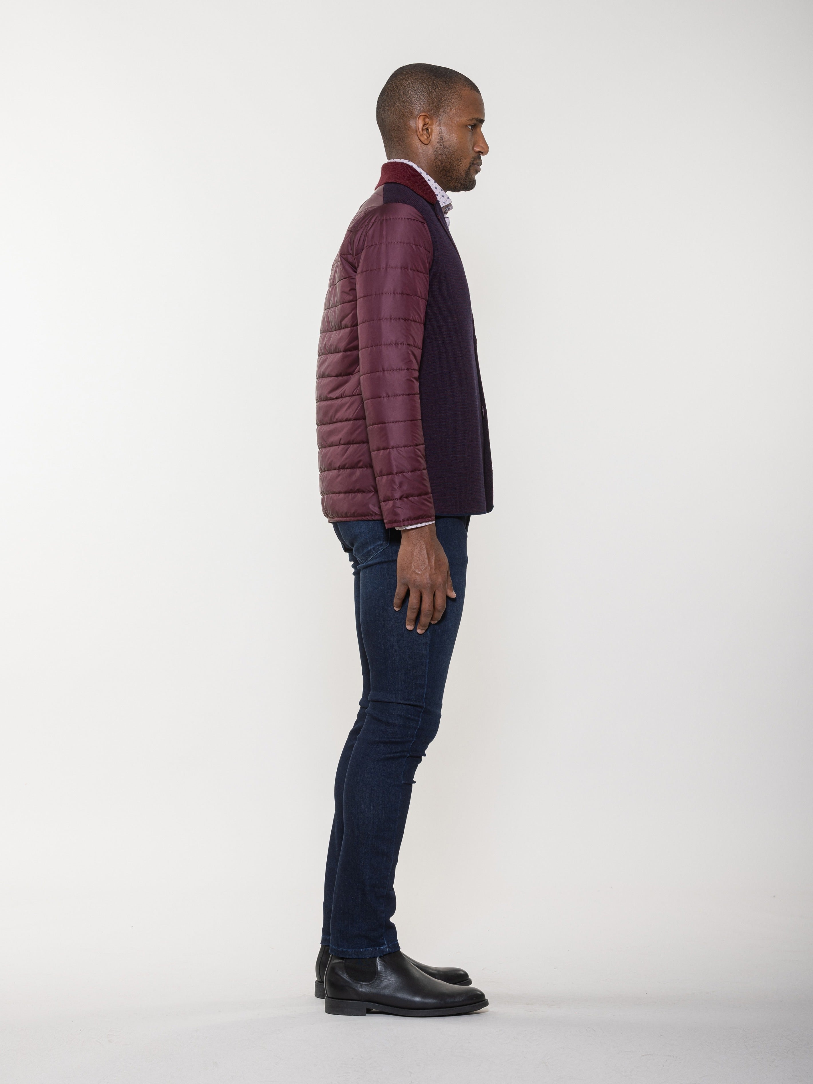 Two-Button Knit Jacket with Quilted Puff Sleeves