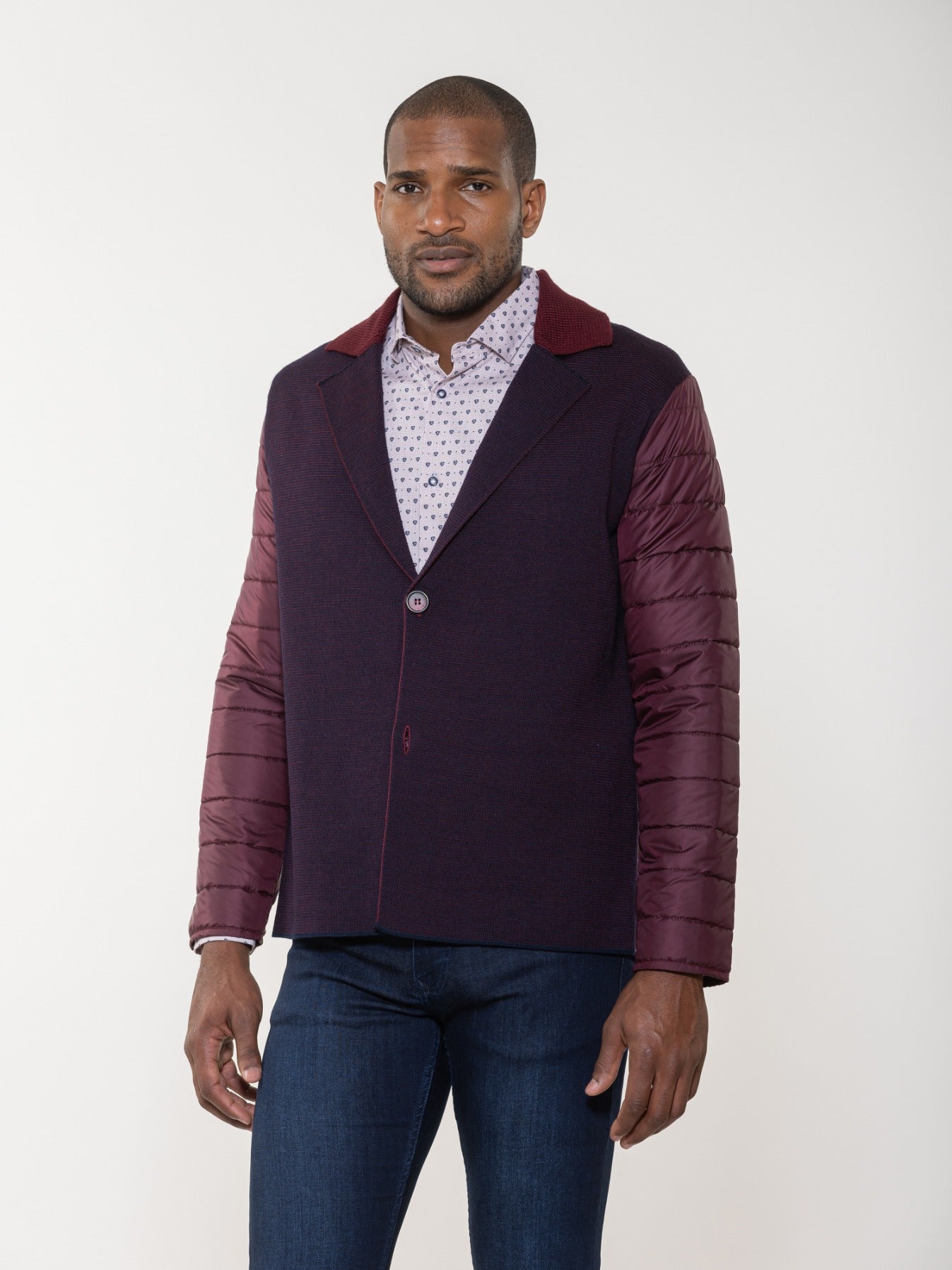 Two-Button Knit Jacket with Quilted Puff Sleeves