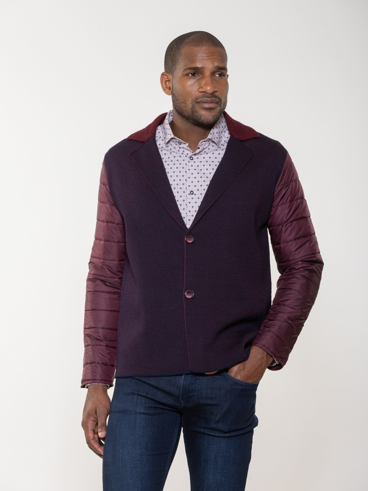 Two-Button Knit Jacket with Quilted Puff Sleeves