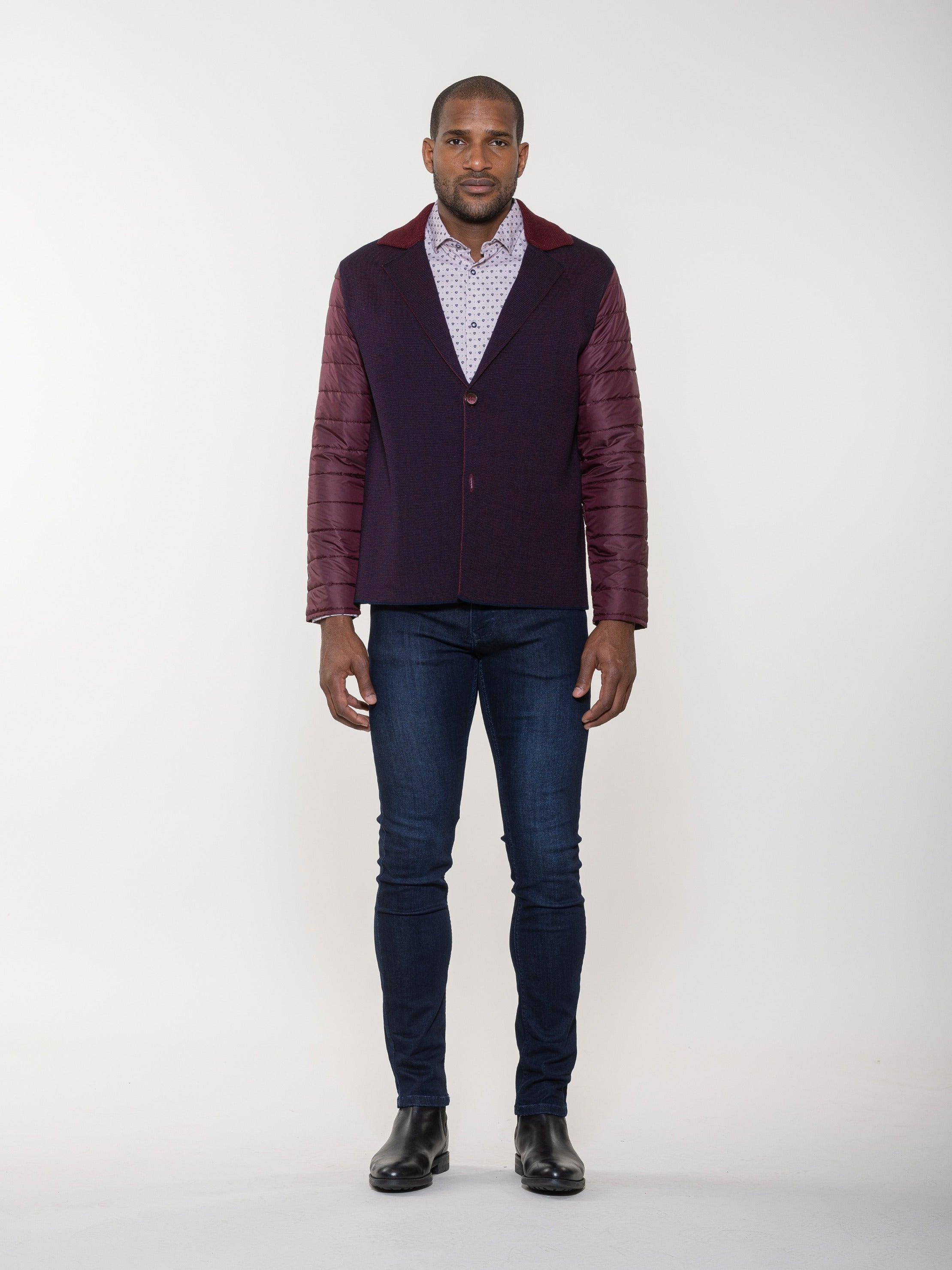 Two-Button Knit Jacket with Quilted Puff Sleeves