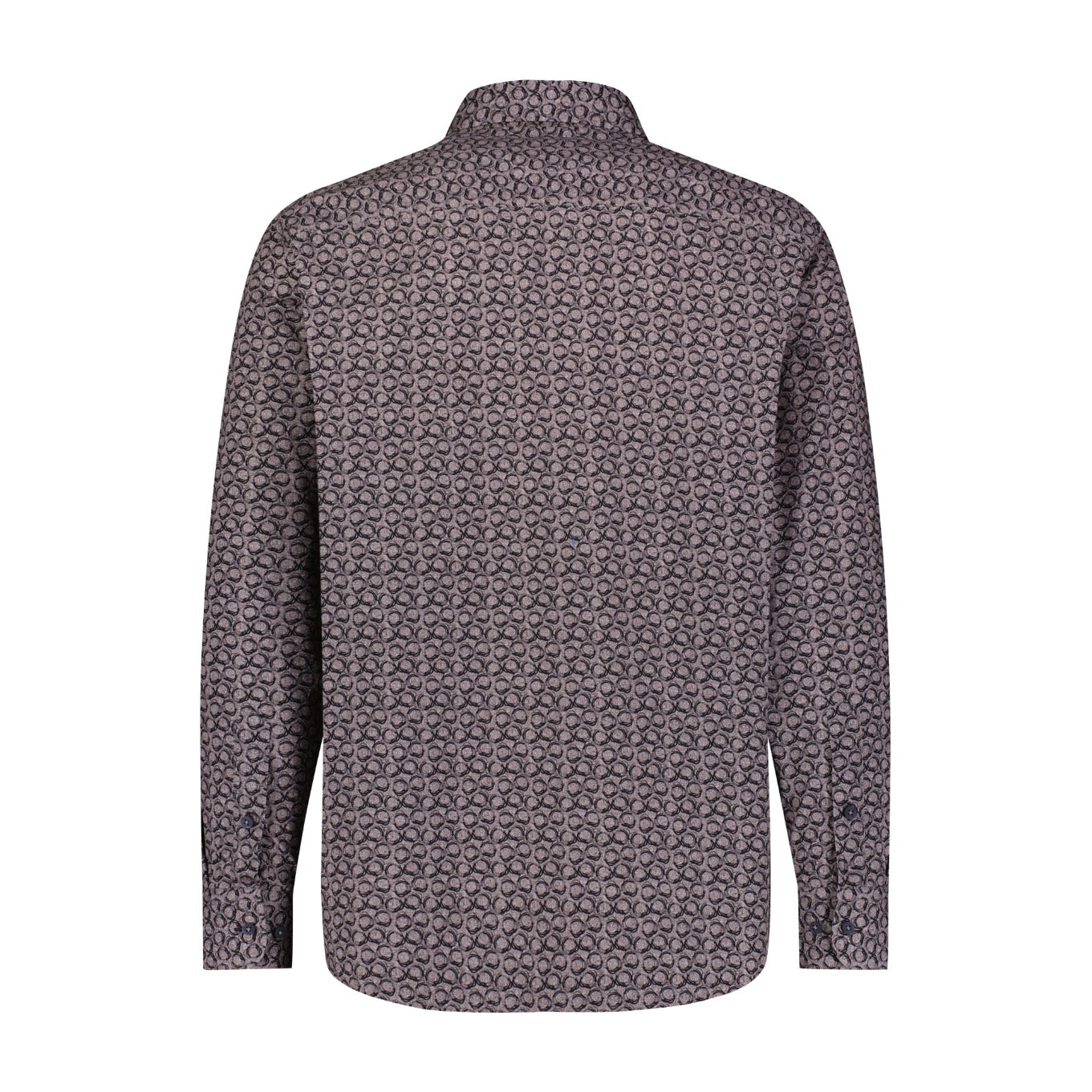 Back of circular patterned shirt on a white background