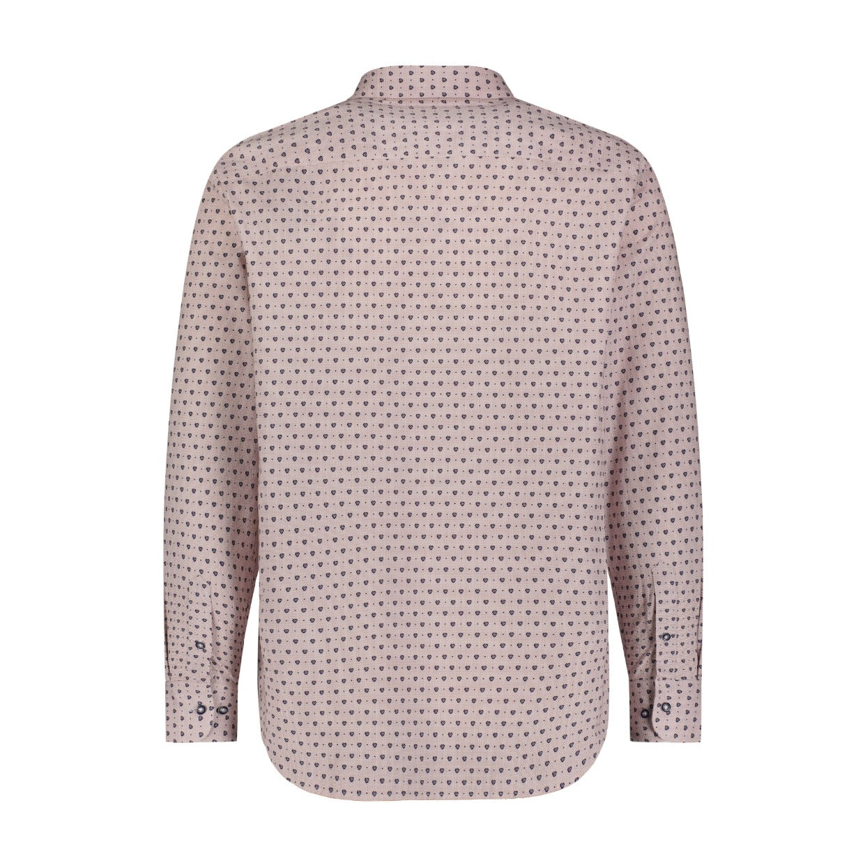 Back of burgundy floral patterned shirt on a white background