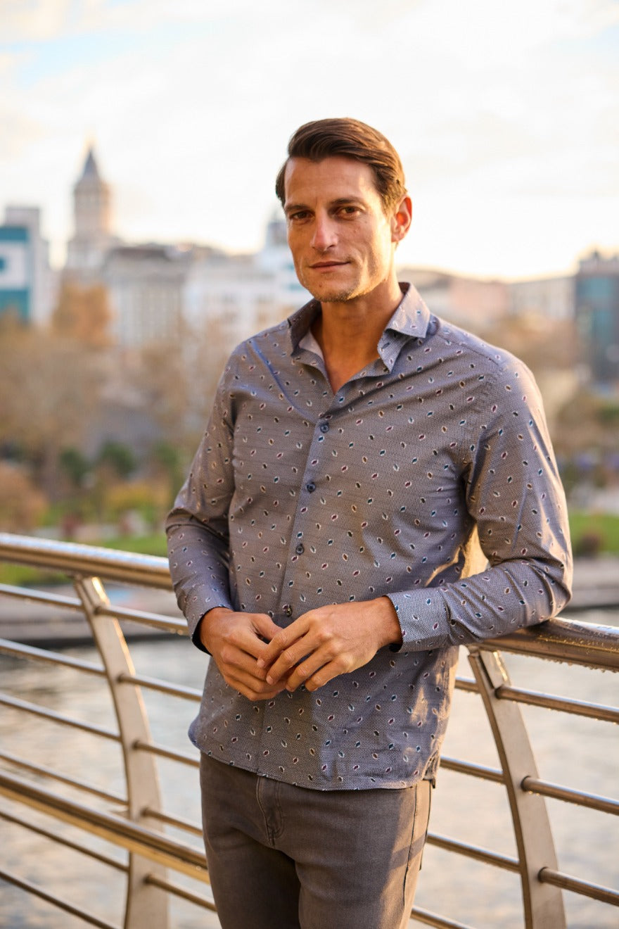 Blue Geo Print Button Down Shirt with Multicolor Leaves