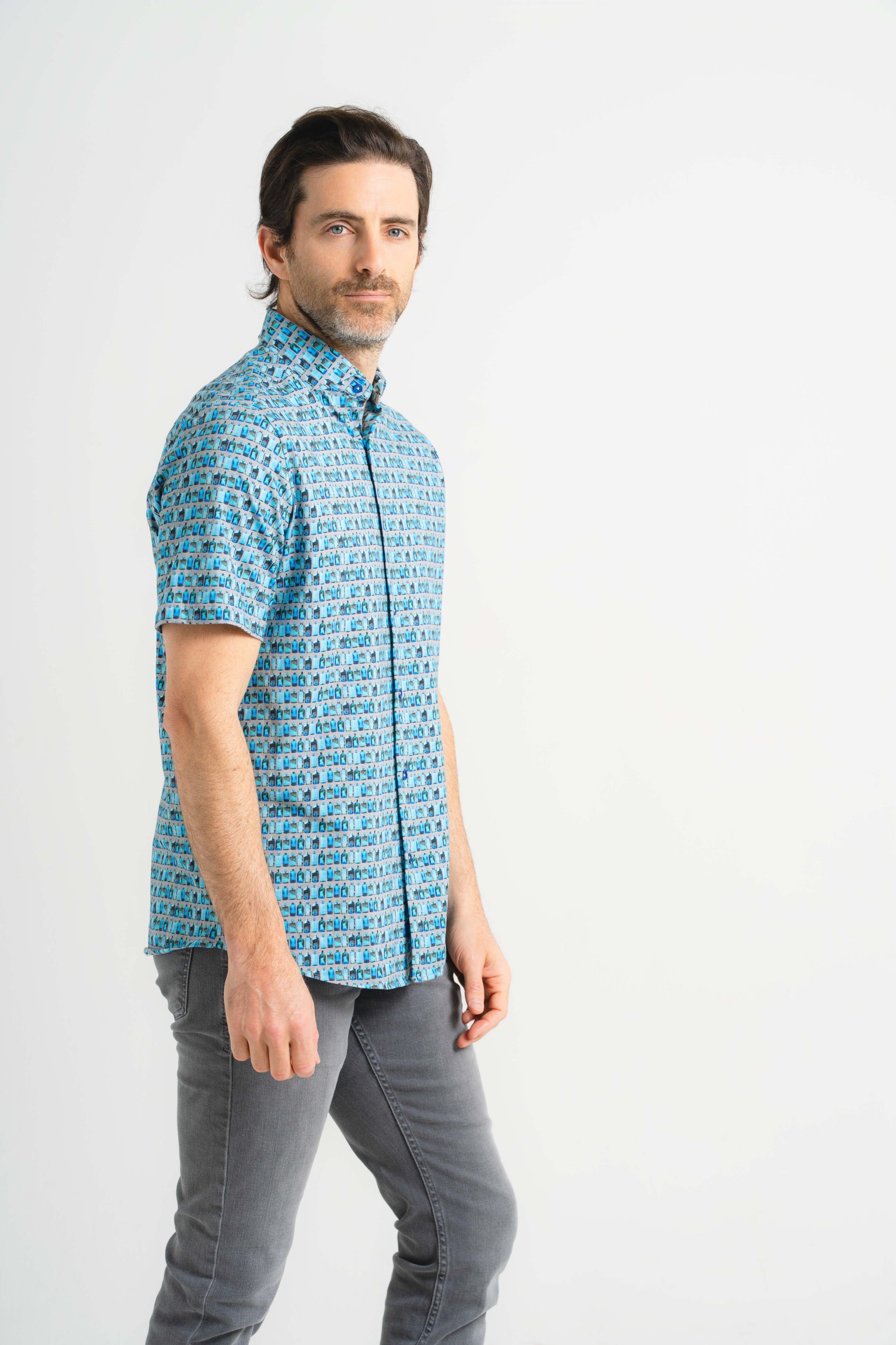 Vintage Bottle Print Short Sleeve Shirt
