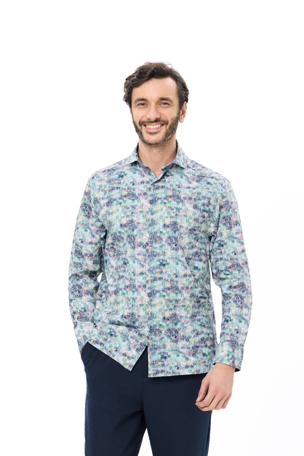 Multicolor Leaf Print Button-Down Shirt
