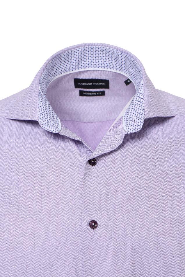 Close-up of a light purple shirt with a patterned collar on a white background