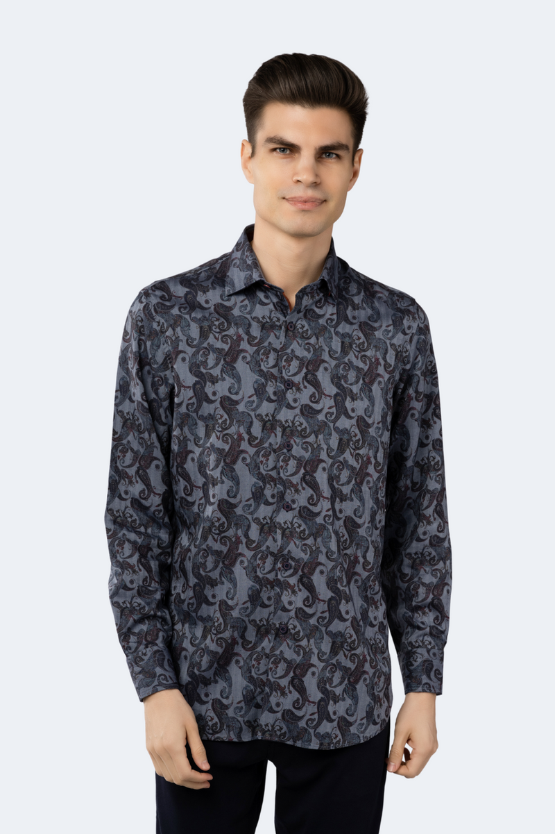 Navy Herringbone Jacquard Woven with Paisley Shirt