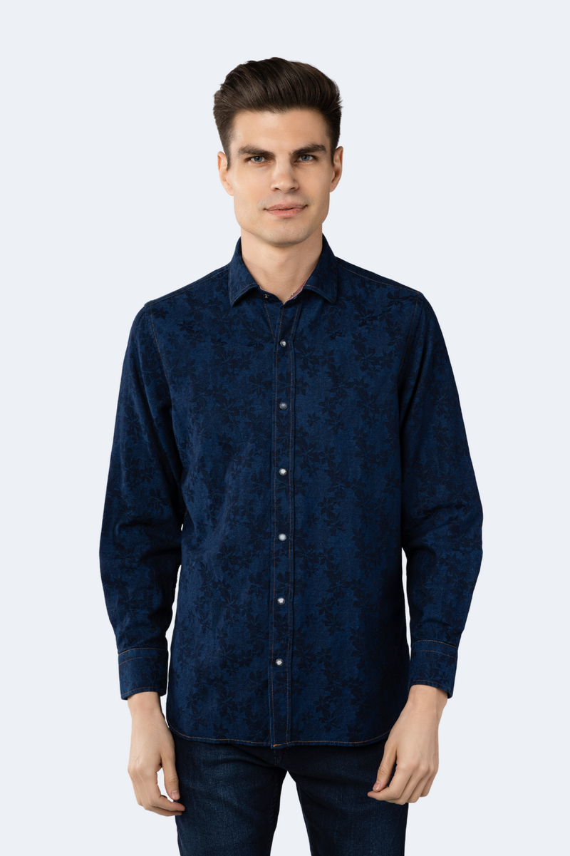 Royal Blue Denim with Navy Floral Jacquard Shirt