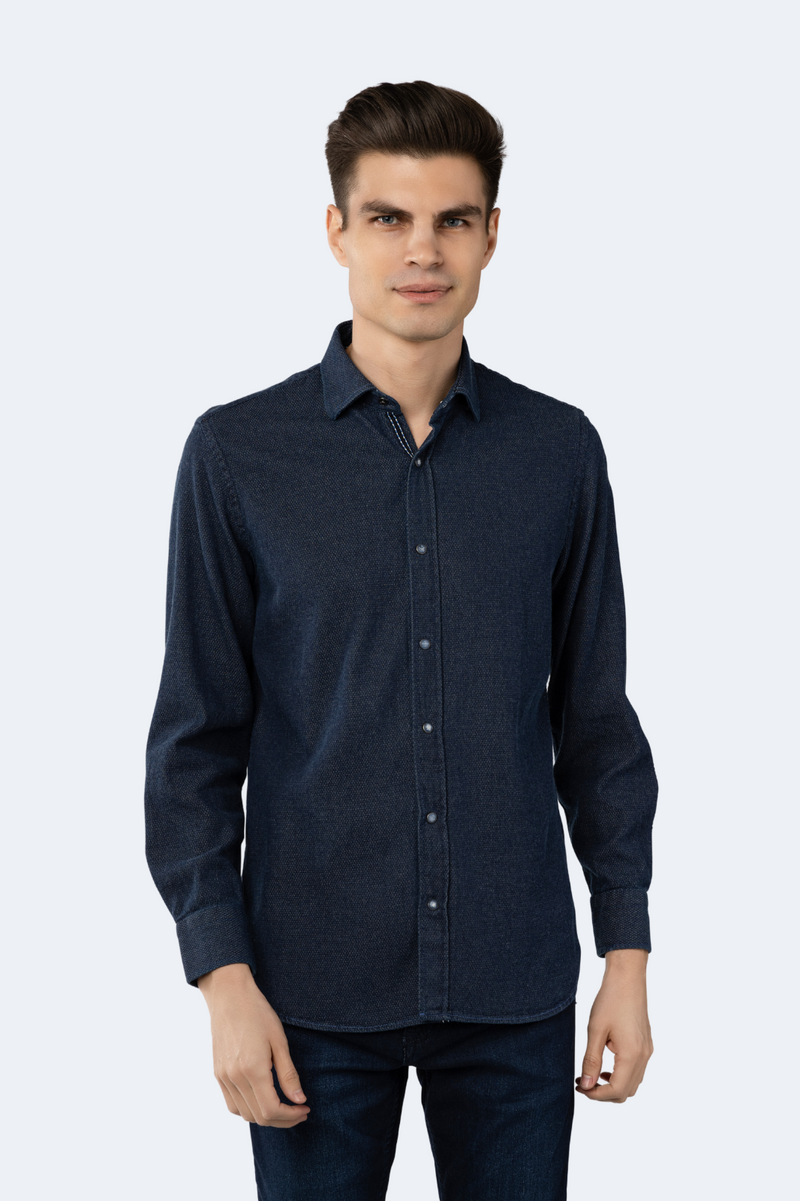 Denim Blue/Grey Jacquard Woven Solid Shirt