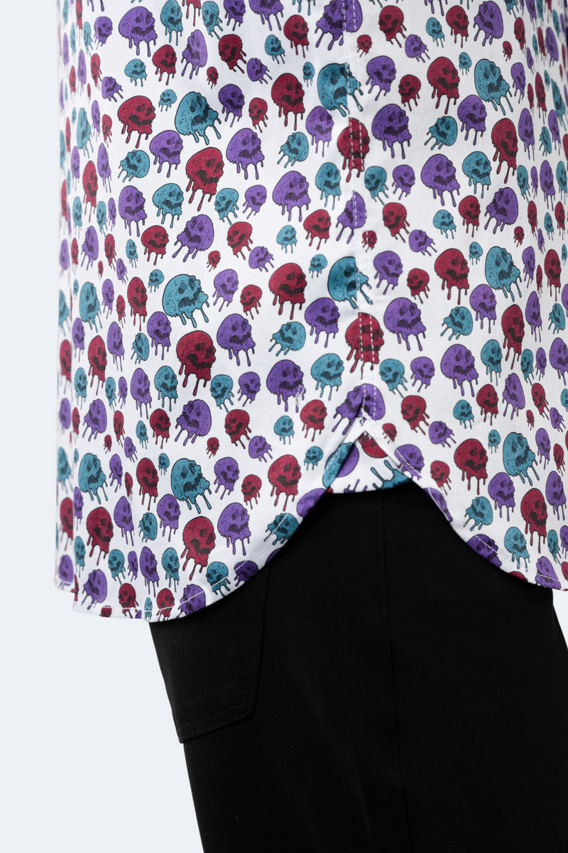 White with Purple, Magenta and Teal Skulls Dripping Shirt