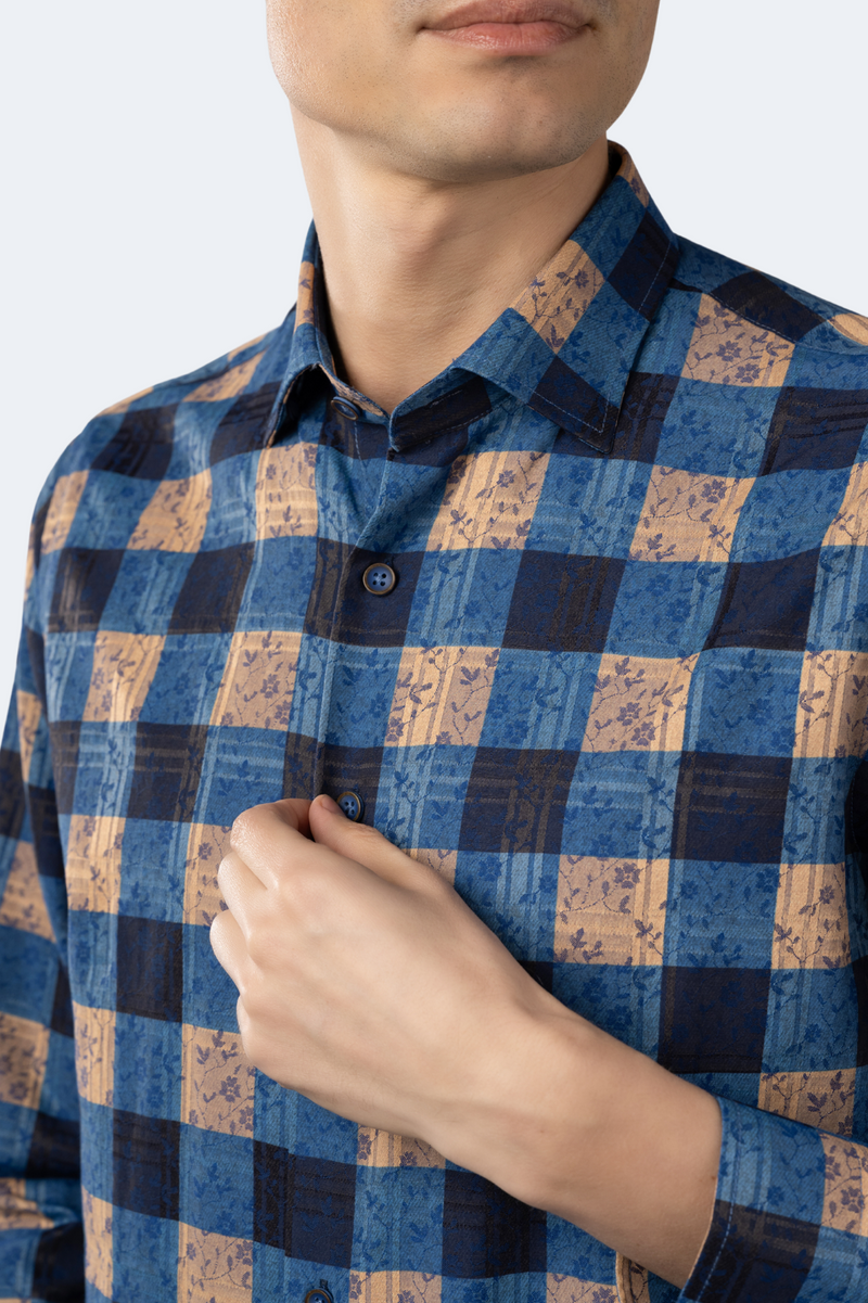 Navy, Blue and Gold Patch Plaid Floral Jacquard Shirt
