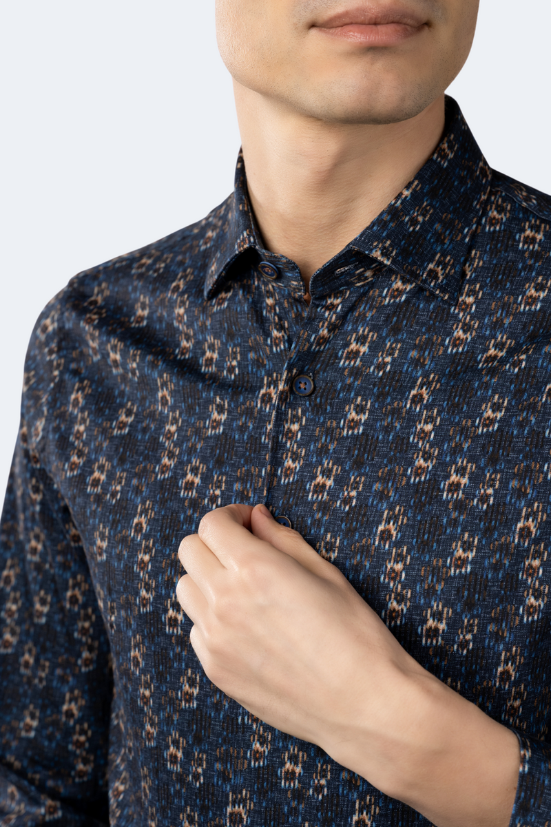 Navy with Beige and Tan Floral Shirt