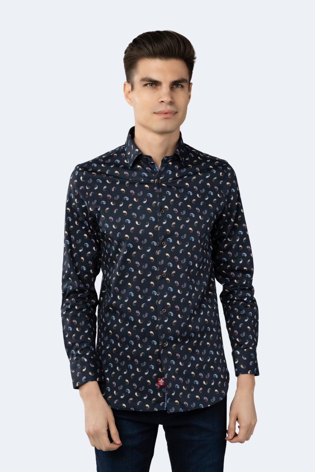 Navy with Brown, Beige and Light Blue Paisley Shirt L Navy with Brown, Beige and Light Blue Paisley Shirt L