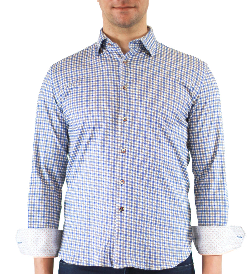 Max Colton White, Blue and Brown Plaid Long Sleeve Shirt