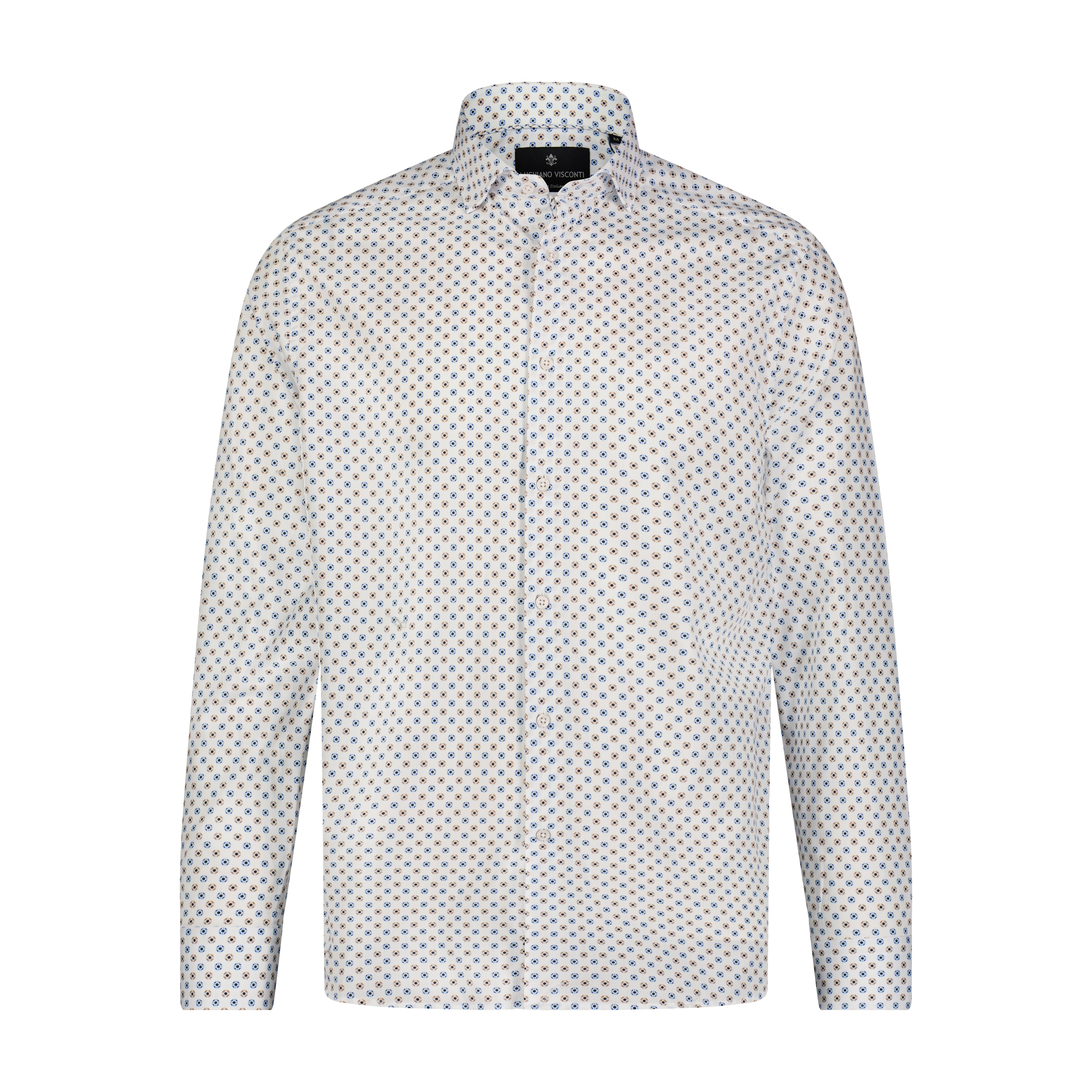 White Dobby Brown Blue Print Long Sleeve Shirt