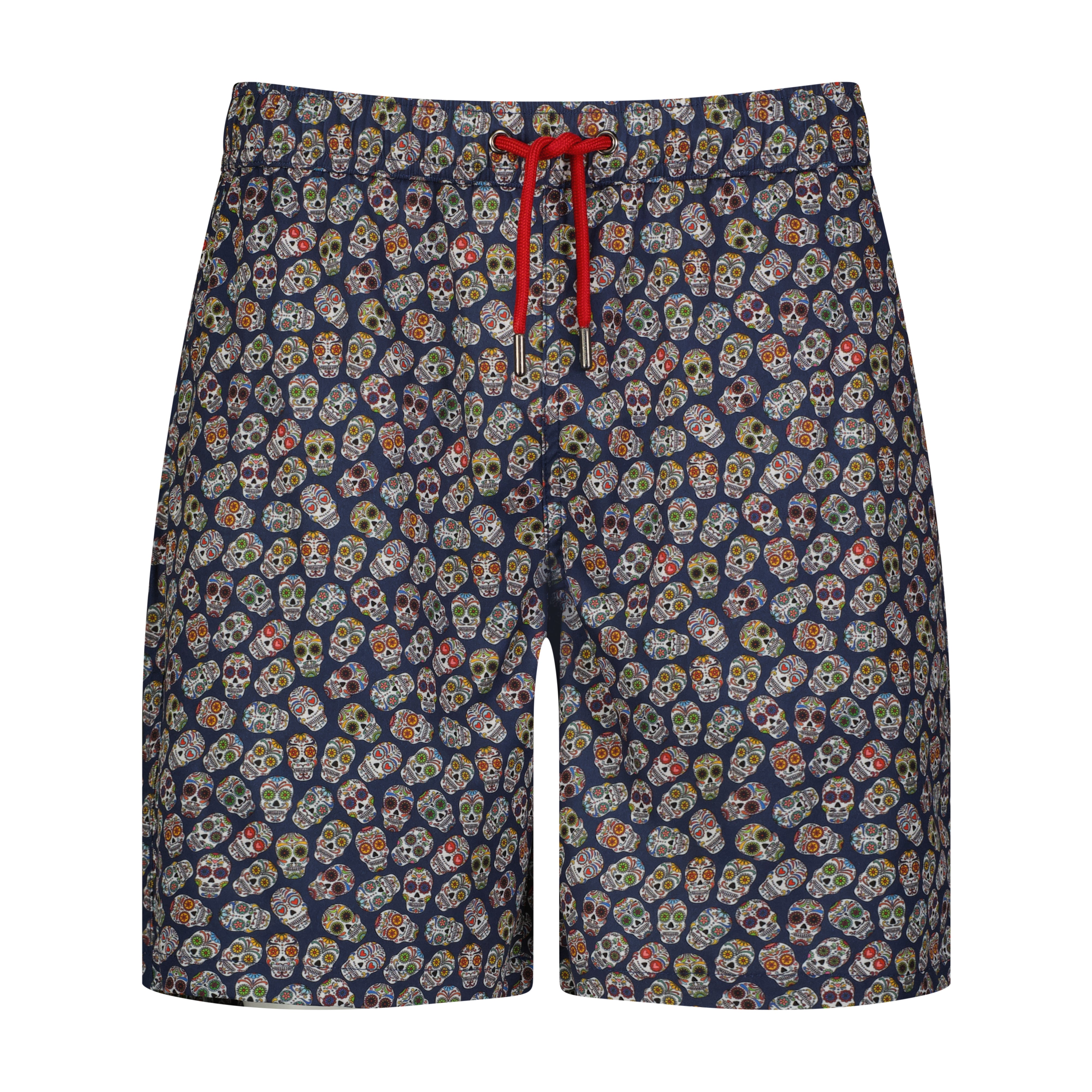 Navy Multicolor Skull Flower Print Swim Trunks