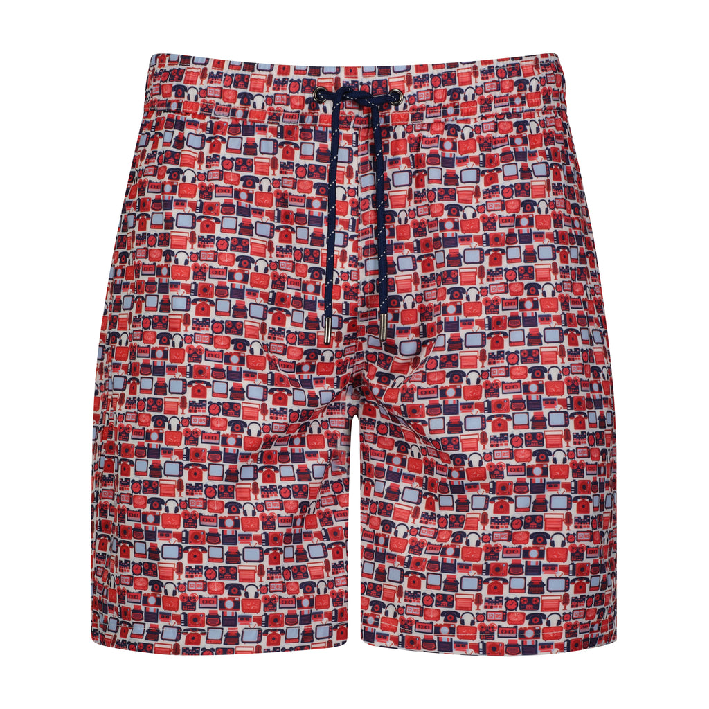 Red and Blue Electronic Print Swim Trunks