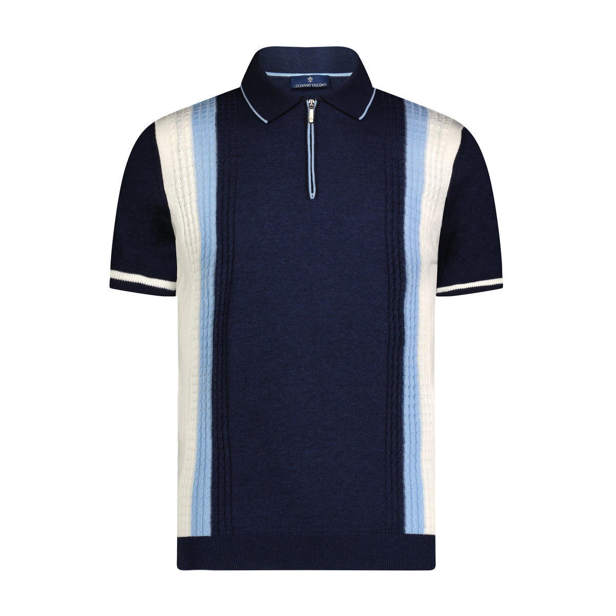 Melange Navy, Sky Blue, and White Large Front Panel Short Sleeve Knit