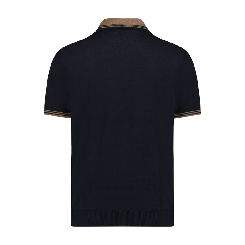 Melange Chocolate with Navy Wide Front Panel Short Sleeve Knit Polo