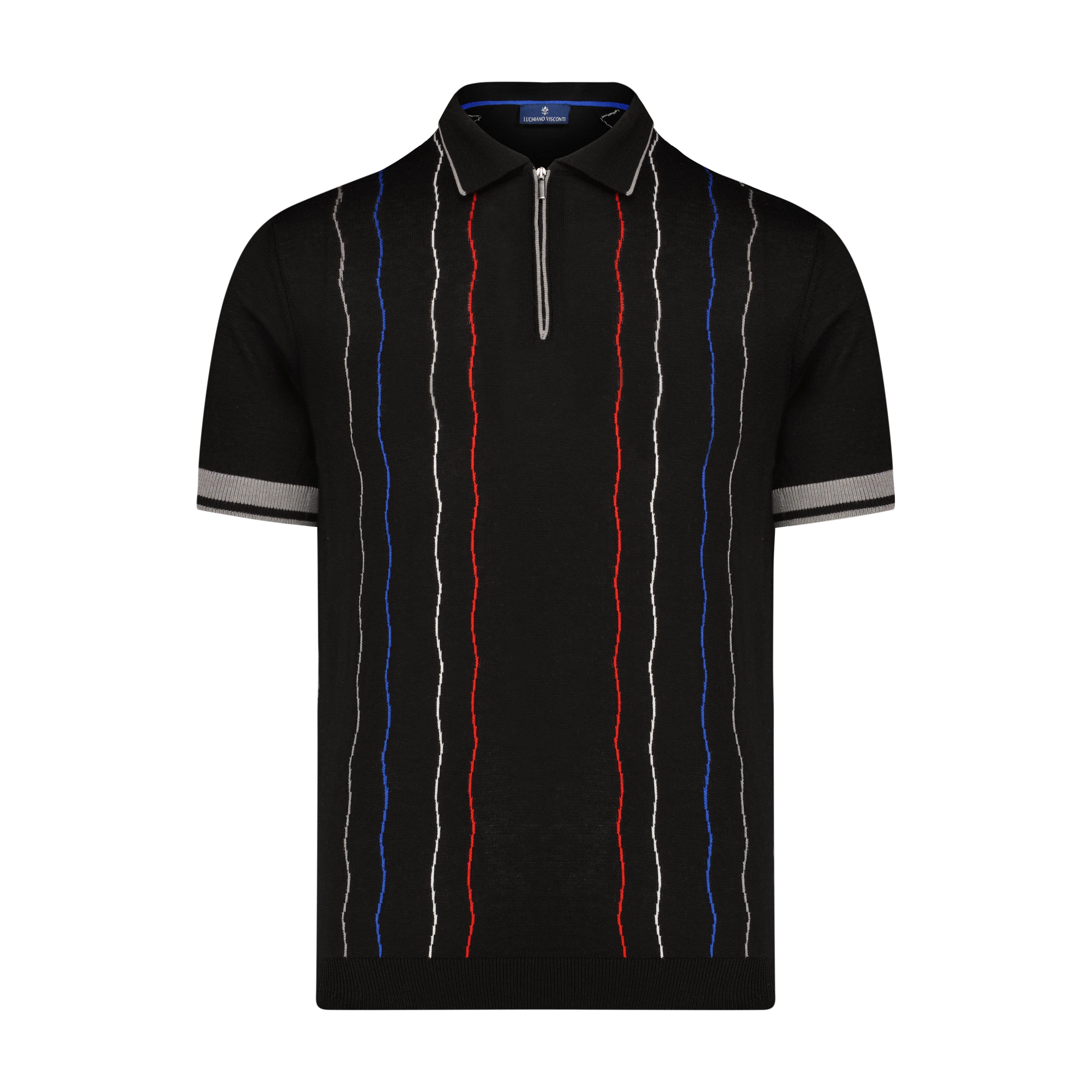 Black with Multi Wavy Trim Short Sleeve Knit Polo