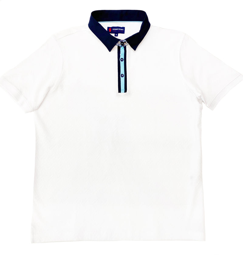 White Polo with Navy and Teal Detail
