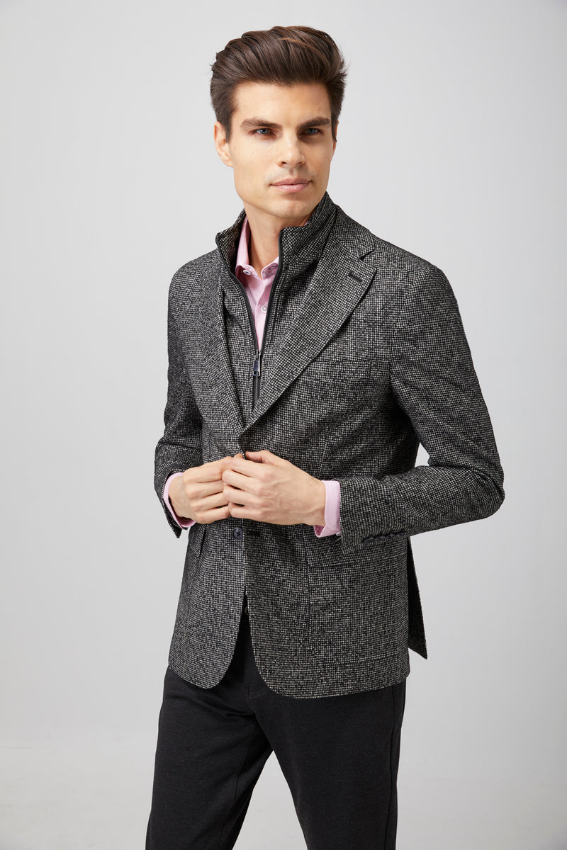Black and White Zip Up Houndstooth Sport Coat
