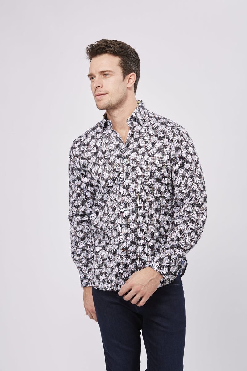 SS23 Black and White Leaves and Check Shirt