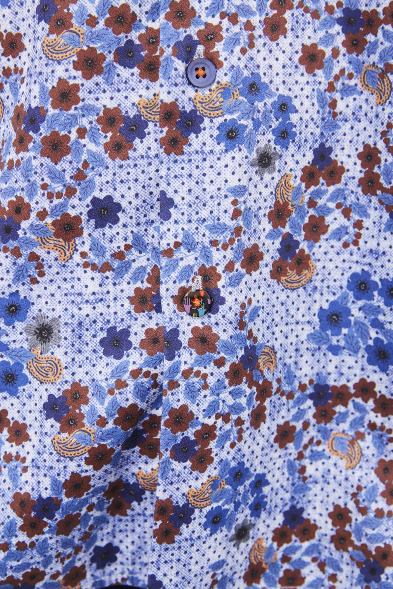Blue with Polka Dots and Blue and Orange Flowers