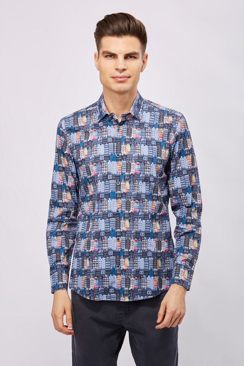 SS23 Leo Blue and Rainbow Buildings Shirt