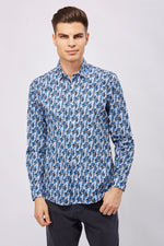 Leo White with Multi Blue Leaves Shirt