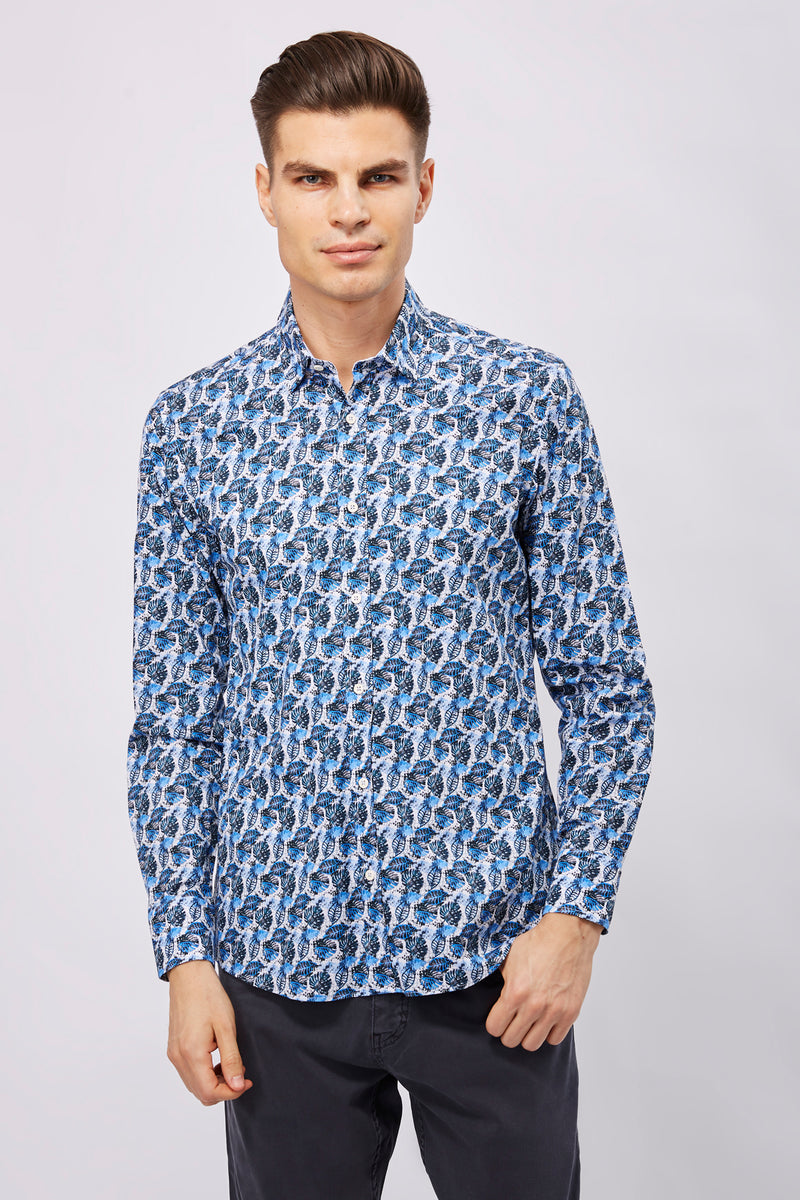 SS23 Leo White with Multi Blue Leaves Shirt