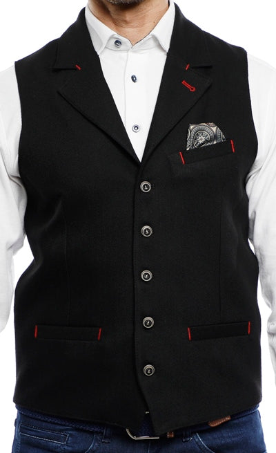 Black Vest with Red Stitch Detail