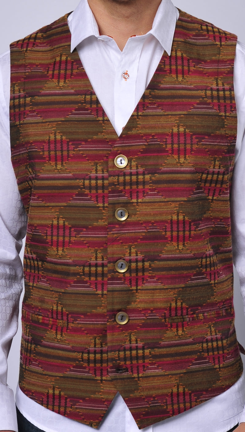 Red and Khaki Vest with Triangular Jacquard Design